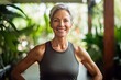 Medium shot portrait photography of a grinning mature woman working out against a lush tropical jungle background. With generative AI technology