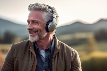 Medium shot portrait photography of a satisfied mature man listening to music with headphones against a picturesque countryside background. With generative AI technology