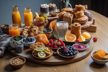 Wall Mural - plant-based and vegan breakfast, with selections of pastries, fruits, and coffee, created with generative ai