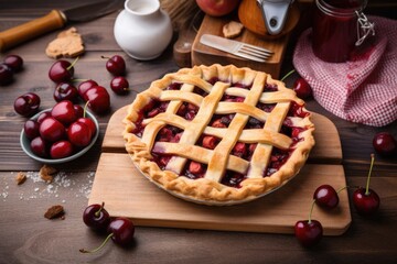 Wall Mural - cherry pie on board with ingredients close by, created with generative ai