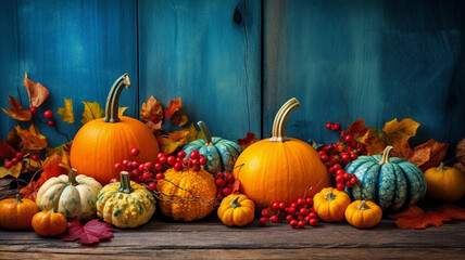 Autumn arrangement with orange, pastel blue, red berries, pumpkins and leaves adorns a table against a textured blue wall. Autumn copyspace background. Generative AI