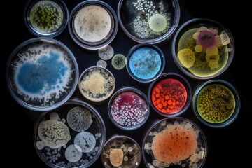 Wall Mural - collection of different strains of bacteria, each in its own petri dish, created with generative ai