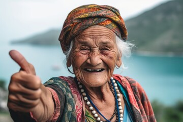 Poster - Close-up portrait photography of a grinning old woman with thumbs up against a scenic lagoon background. With generative AI technology