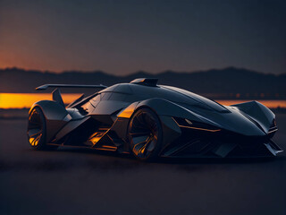 Wall Mural - Futuristic sport car design on the sunset. Futuristic smart car technology. Generate Ai