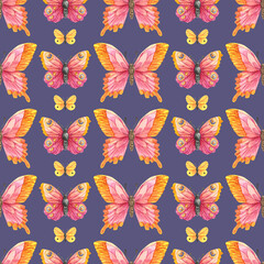  Watercolor set pattern of butterfly isolated on lilac background. Handpaiting watercolor illustration on white background.