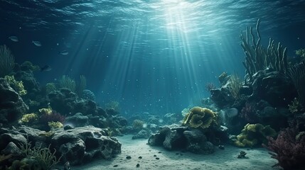 Wall Mural - Underwater blue ocean background. Deep underwater sea scene. Generative AI