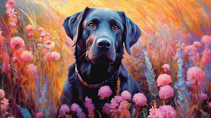 Wall Mural - Labrador Retriever in field of wild flowers. Generative AI