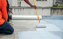 Hand Painted Gray Flooring With Paint Rollers For Waterproof, Reinforcing Net,Repairing Waterproofing Deck Flooring. Roof,