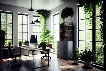 Wall Mural - office with windows and lots of natural light, filled with greenery, created with generative ai