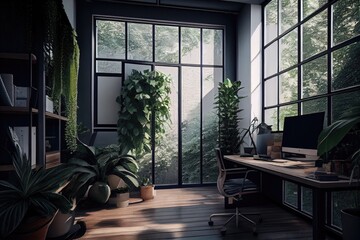 Wall Mural - office with windows and lots of natural light, filled with greenery, created with generative ai