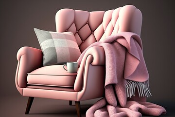 Poster - pink armchair with plush pillow and blanket, perfect for a cozy reading nook, created with generative ai