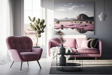 Poster - pink armchair and coffee table in minimalist living room, created with generative ai