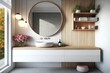 © altitudevisual - modern bathroom with sleek and minimalist design, featuring round white wash basin and floating vanity, created with generative ai