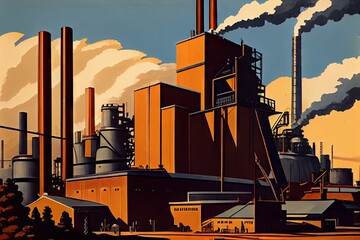 Poster - pulp and paper mill, with towering chimneys and conveyors visible in the background, created with generative ai