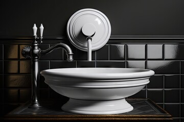 Sticker - a round white wash basin with a classic pump and showerhead, set against a black tile background, created with generative ai