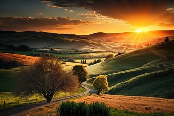 Canvas Print - stunning sunset over the rolling hills of a scenic countryside, created with generative ai