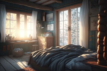 Sticker - a cozy bedroom, with the sun shining on the bed and warming up the room, created with generative ai