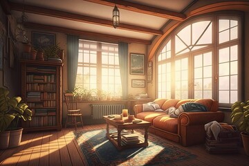 Poster - a warm and cozy living room, with the sun rays shining through the window, created with generative ai