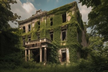 Canvas Print - a once-grand mansion, now broken and overgrown with vines, created with generative ai