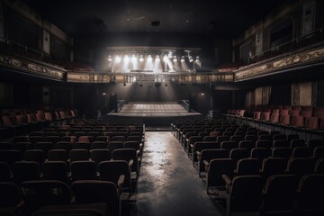 Poster - a deserted theater, with a spotlight shining on the stage and rows of seats in the audience, created with generative ai