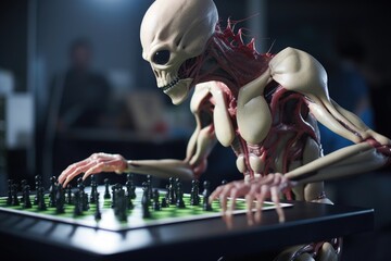 Wall Mural - alien athlete competing in high-stakes game of chess, created with generative ai