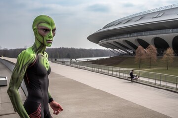 Wall Mural - alien athlete in training, with view of futuristic sports facility visible in the background, create