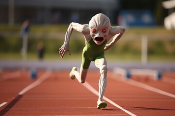 Wall Mural - alien athlete speeding past the finish line in track and field event, created with generative ai