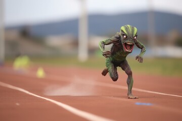 Wall Mural - alien athlete speeding past the finish line in track and field event, created with generative ai