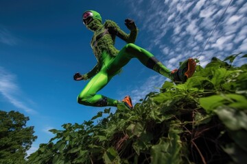 Wall Mural - alien athlete in mid-jump, with vibrant green foliage and sky in the background, created with genera