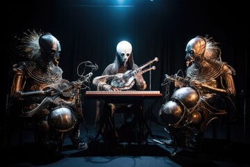 Wall Mural - a trio of extraterrestrial musicians performing with their unique instruments, creating a heavenly s