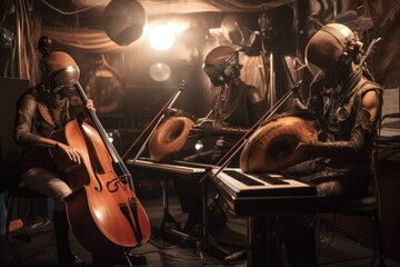 Wall Mural - a trio of extraterrestrial musicians performing with their unique instruments, creating a heavenly s