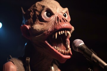 Poster - close-up of alien musician's face, with wide eyes and open mouth, expressing surprise at the audience's reaction to their performance, created with generative ai