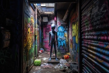 Wall Mural - alien figure peeking out of dark alleyway, surrounded by vibrant graffiti, created with generative a