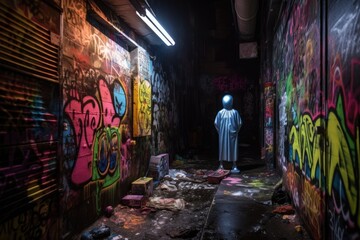 Wall Mural - alien figure peeking out of dark alleyway, surrounded by vibrant graffiti, created with generative a