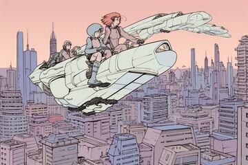 Wall Mural - two aliens, riding single-seat hoverbike, fly through the futuristic cityscape, created with generat