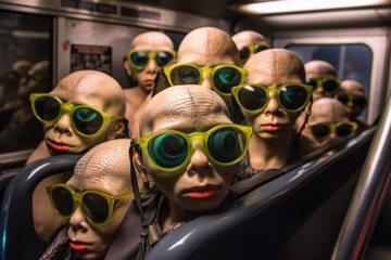 Wall Mural - packed subway car filled with aliens, their eyes hidden behind sunglasses, created with generative ai