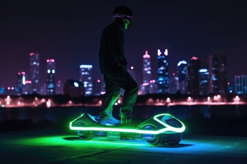 Canvas Print - alien on hoverboard, with the lights of the city in the background, created with generative ai