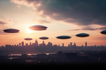 Wall Mural - row of flying saucers hovering above the city skyline, created with generative ai