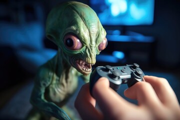 Wall Mural - close-up of alien playing video game with controller in hand, created with generative ai