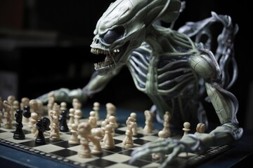Wall Mural - close-up of alien playing chess with the pieces in motion, created with generative ai