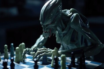 Wall Mural - close-up of alien playing chess with the pieces in motion, created with generative ai