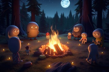 Wall Mural - campfire with aliens surrounding it, roasting marshmallows and telling ghost stories, created with g