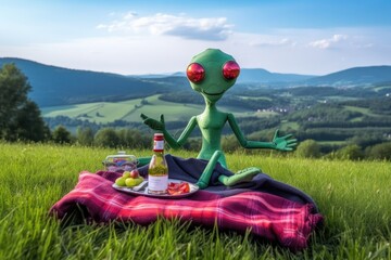 Wall Mural - alien having picnic on the grassy hillside, with stunning vista visible in the background, created w