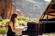 Medium shot portrait photography of a grinning girl in her 30s playing the piano against a scenic canyon background. With generative AI technology