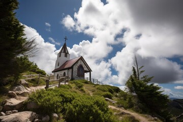 Canvas Print - serene mountain chapel with clear blue skies and fluffy clouds overhead, created with generative ai