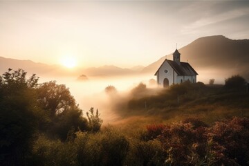 Sticker - morning sunrise over chapel surrounded by misty mountains in the background, created with generative ai