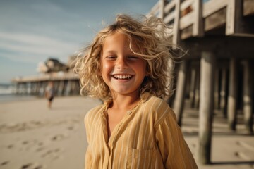 Wall Mural - Lifestyle portrait photography of a glad kid female laughing against a picturesque beach boardwalk background. With generative AI technology