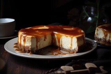 Sticker - classic cheesecake, drizzled with warm caramel sauce, created with generative ai