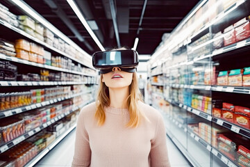 Woman with virtual reality glasses headset shopping at the supermarket. Female with 3D VR goggles. New modern technologies of integrated reality. Cyberspace and metaverse. Generative AI.