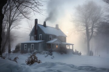 Poster - winter scene, with snowfall and chimney smoke drifting above a house, created with generative ai